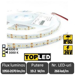 Bandă LED flexibilă - SMD2216 19.2W/m 266led/m IP65 CRI90 24V rolă 5m alb-cald sau neutru