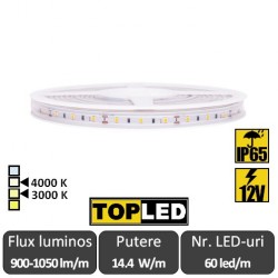 Bandă LED flexibilă - SMD2835 14.4W/m 60led/m IP65 CRI94 12V rolă 5m alb-cald sau neutru