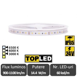 Bandă LED flexibilă - SMD2835 14.4W/m 60led/m IP65 CRI94 24V rolă 5m alb-cald/neutru sau rece