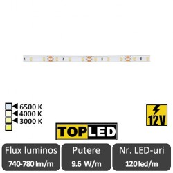 Bandă LED flexibilă - SMD3528 9.6W/m IP65 CRI90 12V 120led/m rolă 5m alb-cald,neutru sau rece