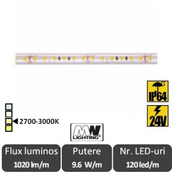 Bandă LED flexibilă MW Lighting- SMD2835 9.6W/m IP64 24V 120led/m rolă 5m alb-cald